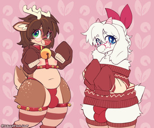 accessory anthro antlers areola bell bell_collar bell_harness belly blue_eyes bow_ribbon brown_body brown_fur bulge clothing collar cropped_hoodie detailed_bulge duo eyelashes eyewear freckled_face freckles fur glasses green_eyes hair_accessory hair_bow hair_ribbon harness horn legwear long_eyelashes male markings navel nub_tail oversized_clothing pink_horn red_nose ribbons spots spotted_body spotted_fur spotted_hips spotted_legs spotted_markings spotted_tail spotted_thighs standing star_glasses stockings tail tail_markings thigh_highs tuft white_body white_fur white_spots naughtylilgoat_(artist) bovid caprine deer goat mammal 6:5 absurd_res hi_res