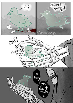 ambiguous_gender blood bodily_fluids bone dialogue duo feathers feral size_difference skeleton text young young_feral jenny_jinya loving_reaper death_(personification) grim_reaper anatid animated_skeleton anseriform avian bird duck ghost spirit undead comic english_text multiple_scenes
