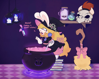 3_fingers ambiguous_gender anthro arms_bent black_clothing black_dress black_eyebrows black_hair black_wings bloomers blue_eyes blue_fire bone book bottomwear breasts broom candle cauldron cellphone checkered checkered_floor cleaning_tool clothing colored_fire container dialogue dress electronics eyebrows female female_anthro fingers fire fungus fur green_body green_skin group hair hat headgear headwear holding_ladle holidays in_container in_jar kitchen_utensils ladle lamp lantern larger_anthro larger_female light liquid lit_candle long_hair magic magic_user male membrane_(anatomy) membranous_wings multicolored_body mushroom on_hat open_mouth pawpads phone pink_bloomers potion_bottle red_eyes red_tongue size_difference skull small_wings smaller_ambiguous smaller_anthro smaller_male standing_on_books tan_body tan_inner_ear tan_pawpads tan_skin text thick_eyebrows tongue tools two_tone_body upside_down wall_(structure) white_body white_fur wings witch witch_hat yelling young young_anthro young_male sillyhog captain_laserhawk:_a_blood_dragon_remix halloween mario_bros mario_plus_rabbids_kingdom_battle nintendo raving_rabbids rayman_(series) ubisoft bullfrog_(captain_laserhawk) rabbid_peach amphibian boo_(mario) frog lagomorph mammal rabbid spirit 2025 artist_name colored crossover digital_drawing_(artwork) digital_media_(artwork) english_text hi_res lighting shaded signature