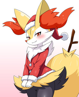 3_fingers 3_toes ambiguous_gender anthro apron big_ears big_tail black_body blush blush_lines bottomwear christmas_clothing christmas_headwear clothing dress eyelashes feet fingers hat headgear headwear holidays inner_ear_fluff pointed_nose pseudo_clothing red_eyes red_nose santa_hat skirt smile solo standing stick_in_tail tail toes tuft uniform white_body yellow_body applebloom_love christmas nintendo pokemon braixen generation_6_pokemon mammal pokemon_(species) 2025 colored digital_drawing_(artwork) digital_media_(artwork) hi_res portrait shaded