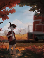 amazing_background anthro autumn backpack black_bottomwear black_clothing black_shorts blue_sky bottomwear brown_hair building clothed clothing cloud curved_horn detailed_background diesel_locomotive digitigrade falling_leaves forest freight_railcar fur grass hair half-closed_eyes horn landscape leaf locomotive male moving_vehicle narrowed_eyes outside overcast path plant power_lines railcar railway_track rural shipping_container shirt shorts sky solo standing t-shirt topwear train tree vehicle white_body white_clothing white_fur white_shirt white_topwear nule bovid caprine goat mammal animated detailed digital_media_(artwork) no_sound short_playtime warm_colors webm