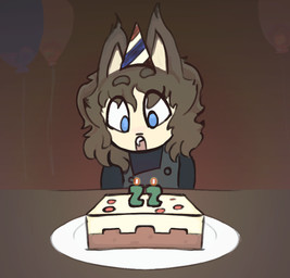 ageplay balloon birthday_cake birthday_candle blue_eyes cake clothing dessert food hat headgear headwear inflatable male overalls party_hat roleplay solo stated_age fluff_pampz microsoft minecraft mojang xbox_game_studios animal_humanoid canid canid_humanoid canine canine_humanoid humanoid mammal mammal_humanoid wolf_humanoid