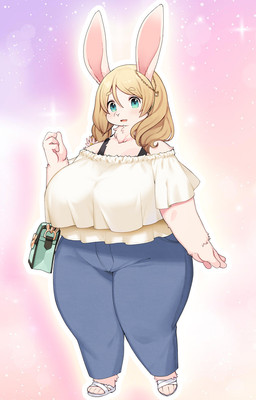 abstract_background anthro bag big_breasts biped blonde_hair blue_eyes bottomwear breasts clothed clothing ear_necklace female footwear fur hair huge_breasts looking_at_viewer overweight overweight_anthro overweight_female pants pink_background sandals shirt shoes simple_background solo thick_thighs topwear white_body white_fur kishibe two_beasts_or_not_to_beast lagomorph leporid mammal rabbit official_art