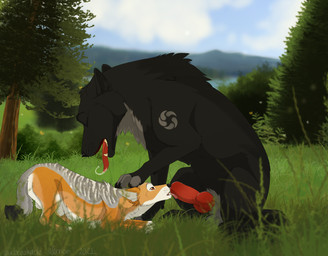 animal_genitalia animal_penis balls black_body black_fur blue_sky bodily_fluids brown_eyes canine_genitalia canine_penis duo erection eyes_closed fangs feral feral_on_feral fur genitals grass grey_body grey_fur grey_sheath knot licking male male/male oral orange_body orange_fur outside penile penis penis_lick plant red_penis red_tongue saliva saliva_on_tongue sex sheath shrub side_view sitting sky striped_body striped_fur stripes teeth tongue tongue_out tree white_balls white_body white_fur white_sheath unbreakable-warrior canid canine canis jackal mammal wolf 2021 dated hi_res signature