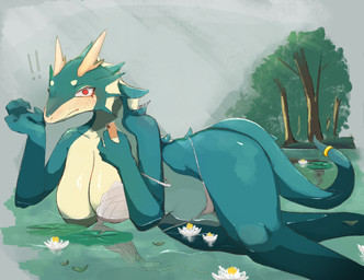 accessory anthro barely_contained barely_contained_breasts big_breasts biped bra breasts butt cellphone claws cleavage clothed clothing detailed_background electronics embarrassed exclamation_point eyebrows female female_anthro fin finger_claws flower furgonomics green_body head_fin holding_object holding_phone horn huge_breasts jewelry kemono lily_pad long_tail looking_at_viewer lotus_(flower) lying macro macro_anthro macro_female mouth_closed multicolored_body nipples non-mammal_breasts non-mammal_nipples on_side one_breast_out phone plant red_eyes reflection ring smartphone snout solo surprised swamp tail tail_accessory tail_jewelry tail_ring thick_thighs thong tree triangle_eyebrows underwear white_bra white_clothing white_eyebrows white_thong white_underwear wide_hips yellow_body sme4 mythology aquatic aquatic_dragon dragon mythological_creature mythological_scalie scalie 2025 colored hi_res signature widescreen