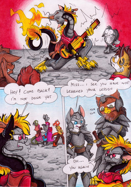 acoustic_guitar anthro antlers armband armor barbel_(anatomy) beak black_body blue_eyes bottomwear breath_powers clothing dialogue ear_piercing ear_ring elemental_manipulation eyewear feet female fire fire_breathing fire_manipulation flesh_whiskers glasses green_eyes grey_body grey_bottomwear grey_clothing grey_pants group guitar horn looking_at_another male multicolored_body musical_instrument open_mouth pants piercing playing_guitar playing_music plucked_string_instrument red_clothing red_eyes red_topwear ring_piercing speech_bubble spiked_armband spikes string_instrument tail tail_tuft talking_to_another talon_hands talons text toes topwear tsk_tsk tuft yellow_beak chocolatechilla mythology edgy_(rofllizard) avian bird canid dragon eastern_dragon mammal mythological_creature mythological_scalie scalie comic english_text hi_res