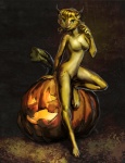 abstract_background anthro blonde_hair breasts featureless_breasts female food fruit green_eyes hair jack-o'-lantern leaning looking_at_viewer navel nude plant pumpkin short_hair simple_background solo tumorhead felid feline lynx mammal 2012