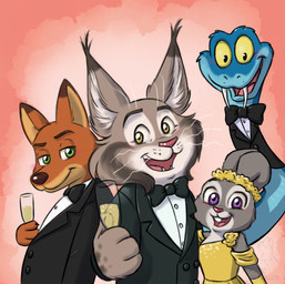 4_fingers alcohol anthro bedroom_eyes beverage black_clothing black_suit blue_body blue_scales bow_tie buckteeth champagne cheek_tuft classy clothing crooked_whiskers dress ears_as_hair elegant_dress facial_tuft fangs female feral fingers fluffy_ears fur green_eyes grey_body grey_fur group hair_bun_ears male markings narrowed_eyes open_mouth orange_body orange_fur purple_eyes scales seductive smile suit teeth tuft whisker_markings whiskers yellow_clothing yellow_dress yellow_eyes adriano_berjillos disney new_year_2026 zootopia gary_de'snake judy_hopps nick_wilde pawbert_lynxley canada_lynx canid canine european_rabbit felid feline fox lagomorph leporid lynx mammal oryctolagus pit_viper rabbit red_fox reptile scalie snake true_fox viper