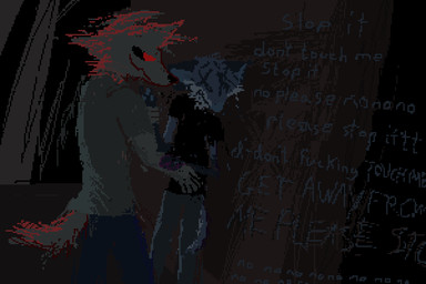 anthro black_clothing black_shirt black_t-shirt black_topwear blue_body blue_fur brown_eyes clothing dialogue duo forced fur male red_eyes shirt smile t-shirt text topwear vent_art x_eyes demensa emil_(demensa) canid canine canis coyote domestic_dog hybrid mammal 2020 3:2 digital_media_(artwork) english_text pixel_(artwork)