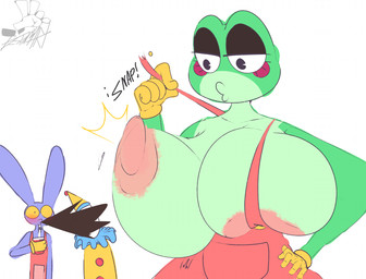 anthro big_breasts breasts clow female group male nipples onomatopoeia sound_effects surprised text trio destiny's_art glitch_productions the_amazing_digital_circus jax_(tadc) kaufmo_(tadc) ribbit_(tadc) amphibian frog lagomorph leporid mammal rabbit hi_res