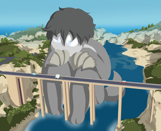 anthro black_hair bridge car crouching detailed_background hair landscape looking_down looking_down_at_another macro male multicolored_body nude plant river solo tail tree truck two_tone_body vehicle mikey6193 mikey_(mikey6193) hybrid hi_res