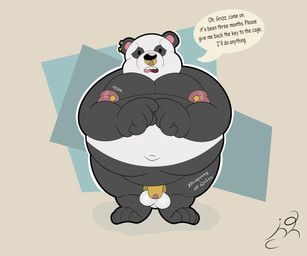 abstract_background anthro areola balls barbell_piercing bdsm belly big_belly biped body_writing chastity_cage chastity_device dialogue facial_piercing front_view frown fur genitals gold_(metal) gold_chastity_cage gold_chastity_device keyholding looking_at_viewer male male_anthro moobs navel nipple_piercing nipples nose_piercing nude nude_anthro nude_male overweight overweight_anthro overweight_male piercing scrotum_flap solo speech_bubble standing talking_to_viewer text white_balls jon_noj cartoon_network we_bare_bears panda_(we_bare_bears) bear giant_panda mammal digital_drawing_(artwork) digital_media_(artwork) english_text hi_res signature
