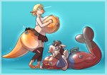 2018 animal_humanoid animate_inanimate anthro big_breasts big_butt black_hair blonde_hair blue_eyes bottomwear breast_expansion breasts butt clothed clothing dragon dragon_humanoid duo expansion female fish hair hand_on_breast handle huge_breasts humanoid inflatable latex living_inflatable marine mythological_creature mythological_scalie mythology nipples non-mammal_nipples partially_clothed redflare500 round_breasts scalie shark shirt short_hair simple_background skirt spherical_breasts standing tail topwear torn_clothing transformation valve_nipple