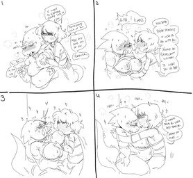 4_fingers 5_fingers anthro areola belly big_breasts blush bodily_fluids bra_down breast_fondling breast_play breast_suck breasts buckteeth claws clenched_teeth clothed clothing clothing_lift dialogue drooling duo eyelashes eyes_closed eyewear female fingers fondling glasses hair half-closed_eyes hand_on_breast heart_symbol looking_pleasured male male/female moan narrowed_eyes nipples non-mammal_breasts obscured_eyes open_mouth rectangular_glasses saliva shaking shirt shirt_lift shivering slightly_chubby slightly_chubby_anthro slightly_chubby_female speech_bubble standing steam sucking sweat teeth text thick_thighs tongue tongue_out topwear undressing_partner mhdrawin deltarune undertale undertale_(series) alphys kris_dreemurr human lizard mammal reptile scalie 2022 absurd_res black_and_white comic english_text hi_res monochrome
