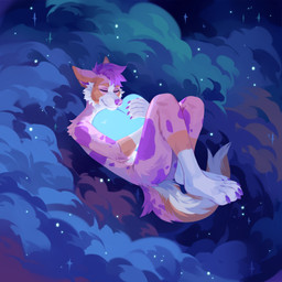 anthro arm_tuft butt_tuft cheek_tuft claws closed_smile cloud eyes_closed facial_tuft fluffy fluffy_tail fur hair lying male mouth_closed nude on_back pink_body pink_fur purple_body purple_claws purple_fur purple_hair purple_nose shoulder_tuft smile solo sparkles tail three-quarter_view tuft unsigned corzh77 canid canine canis domestic_dog mammal 1:1 absurd_res full-length_portrait hi_res portrait