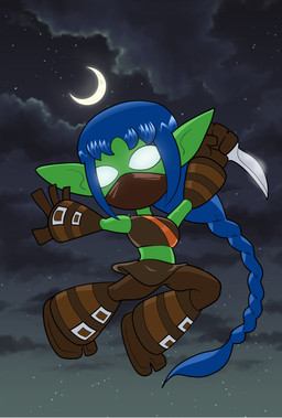 black_sky blue_hair bottomwear brown_bottomwear brown_clothing brown_footwear brown_gloves brown_handwear brown_pants brown_shoes brown_skirt brown_topwear clothing cloud empty_eyes female footwear gloves glowing glowing_eyes green_body green_ears hair handwear holding_knife holding_object holding_weapon humanoid_pointy_ears knife mask moon night not_furry pants pointy_ears ponytail shoes skirt sky solo topwear weapon white_eyes atomictiki activision skylanders stealth_elf_(skylanders) elf humanoid 2019 cel_shading colored digital_media_(artwork) shaded