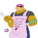 anthro apron bulge clothing male simple_background solo text white_background gs mario_bros nintendo roommates_(comic) koopaling roy_koopa koopa scalie 1:1 english_text