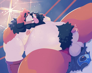 anthro belly black_eyebrows black_nose black_pubes bodily_fluids cum cum_on_own_penis cum_on_penis cum_on_self dipstick_ears duo ear_markings eyebrows fighting_ring fur genital_fluids genitals grey_body grey_fur head_tuft inside lying male moobs multicolored_ears nipples nude obese obese_anthro obese_male on_back open_mouth orange_body orange_eyes orange_fur overweight overweight_anthro overweight_male penis pink_nipples pink_tongue pubes sweat sweaty_belly sweaty_face sweaty_legs tea_bagging tongue tongue_out tuft white_body white_fur chocolateandmilk canid canine canis domestic_dog mammal