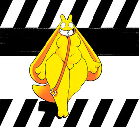 anthro belly big_belly breasts bulge gynomorph intersex leash long_ears looking_aside navel solo standing tail thick_tail yellow_body yellow_ears yellow_tail sofmallow pudding_(sofmallow) 2026 absurd_res hi_res nonbinary_(lore)