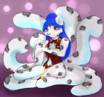 9_tails anthro biped breasts clothed clothing eyebrows female fur hair humanoid_hands long_hair looking_at_viewer markings multi_tail navel simple_background sitting solo spots spotted_body spotted_fur tail white_body white_fur zakurujay kaliancia felid mammal pantherine snow_leopard