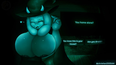 2_horns anthro areola areola_slip aroused big_breasts big_butt breasts butt cleavage clothed clothing cosplay costume drunk female hat headgear headwear horn huge_breasts looking_at_viewer mature_female solo substance_intoxication text thick_thighs what witch_costume witch_hat christian2005am deltarune no_i'm_not_a_human undertale_(series) toriel bovid caprine goat mammal 16:9 4k absurd_res english_text hi_res widescreen