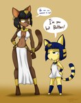 3_toes 4_toes anthro armor barefoot black_eyes black_hair blue_body blue_fur blue_hair breasts brown_body brown_eyes brown_fur clothing dialogue dress duo ear_piercing ear_ring egyptian egyptian_clothing egyptian_headdress eyeshadow feet female flat_chested fur gold_(metal) gold_bracers gold_jewelry gold_neckwear hair jewelry makeup markings medium_breasts multicolored_body multicolored_fur navel open_mouth pelvic_curtain piercing ring_piercing shirt simple_background size_difference sling_bra speech_bubble standing striped_markings striped_tail stripes tail tail_markings text toes topwear two_tone_body two_tone_fur vambrace white_clothing white_dress white_shirt white_topwear yellow_background yellow_body yellow_eyeshadow yellow_fur sandwich-anomaly animal_crossing egyptian_mythology middle_eastern_mythology mythology nintendo ankha_(animal_crossing) bast deity domestic_cat felid feline felis mammal 2023 english_text hi_res