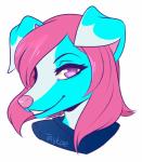 anthro blue_body blue_fur female fur hair pink_hair purple_eyes smile solo taykoe vicuna_dog canid canine canis domestic_dog mammal