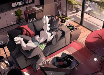 5_fingers 5_toes anthro balcony belt beverage big_tail biped black_body black_fur black_sofa blue_eyes blush blush_lines bone_pattern bone_pattern_underwear book box cable candy cardboard cardboard_box carrot_pattern carrot_pattern_underwear cat_slippers chocolate clothed clothing coffee coffee_mug container cookbook cooking_pot dessert digitigrade duo electrical_outlet electrical_plug electronics feet fingers floor food footwear fur furniture grass hand_holding happy hot_chocolate hug hugging_another humanoid_hands inside lamp light_bulb looking_at_another lying_on_another male male/male marshmallow melee_weapon parking_lot pattern_clothing pattern_underwear pillow plant plant_pot potted_plant predator/prey radio record_player red_eyes red_pillow red_scarf romantic romantic_ambiance romantic_couple rug scarf shoes short_tail slippers smile smiling_at_another smiling_at_partner sofa sparkles steam sword table tail toes topless underwear underwear_only vinyl_record weapon white_body white_fur window wood wood_floor wood_furniture wood_table capracai currents_(tame_impala) i_think_i_like_you pink_floyd tame_impala leon_(i_think_i_like_you) sky_(i_think_i_like_you) canid canine canis lagomorph leporid mammal rabbit wolf 11:8 2025 digital_drawing_(artwork) digital_media_(artwork) hi_res shaded