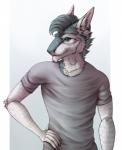 anthro clothed clothing fur hair looking_at_viewer male simple_background solo zumjakal izaiah sergal hi_res