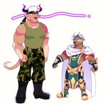 accessory anthro armor bottomwear camo camo_bottomwear camo_clothing camo_print cape clothing duo headband horn humor male muscular muscular_anthro muscular_male pattern_bottomwear pattern_clothing pecs shirt size_difference smaller_male tank_top tok topwear lisuchi lifewonders tokyo_afterschool_summoners marduk_(tas) shennong_(tas) bovid bovine cattle mammal hi_res