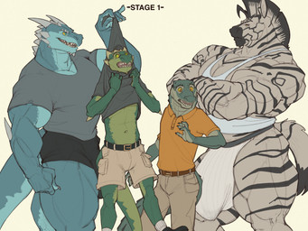 5_fingers anthro arm_spikes belt big_bulge big_muscles biped black_body black_bottomwear black_clothing black_footwear black_fur black_hair black_shoes black_shorts black_snout black_stripes blue_body blue_eyes blue_scales bottomwear brown_belt brown_eyes bulge bulge_size_difference cargo_shorts claws clothed clothed_anthro clothed_male clothing collared_shirt countershade_hands countershading crossed_arms deltoids detailed_bulge elbow_spikes facial_spikes finger_claws fingers footwear fur genital_outline green_body green_eyes green_scales grey_clothing grey_shirt grey_topwear group hair head_spines holding_partner huge_bulge humanoid_hands jockstrap khaki_pants larger_anthro larger_male male male_anthro multicolored_body multicolored_fur multicolored_hair muscle_size_difference muscular muscular_anthro muscular_male muscular_thighs navel non-mammal_navel open_mouth open_smile orange_clothing orange_shirt orange_topwear pecs penis_outline polo_shirt scales sharp_teeth shirt shirt_pulled_up shorts simple_background size_difference skinny_anthro skinny_male smaller_anthro smaller_male smile socks spikes spikes_(anatomy) striped_body striped_fur stripes tail tank_top teeth thick_thighs topwear torn_clothing torn_sleeves two_tone_body two_tone_fur two_tone_hair underwear white_body white_clothing white_footwear white_fur white_hair white_jockstrap white_shirt white_socks white_tank_top white_topwear white_underwear yellow_sclera oldshep european_mythology mythology conner_(oldshep) curtis_(oldshep) gareth_(oldshep) wayne_(oldshep) crocodile crocodilian dragon equid equine mammal mythological_creature mythological_scalie reptile scalie western_dragon wingless_dragon zebra 2024 hi_res brother_(lore) brothers_(lore) sibling_(lore)