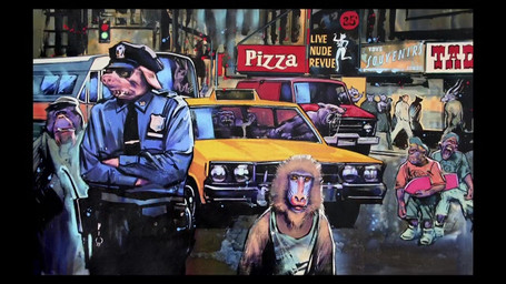 advertisement ambiguous_gender anthro antlers bodily_fluids breasts brown_body brown_fur city clothed clothing commercial_vehicle driving drooling female fur group hat headgear headwear horn male multi_breast outside pink_body pink_skin police police_officer police_uniform saliva sharp_teeth shirt sign silhouette skateboard strip_club tank_top taxicab teeth text topwear traffic_light uniform vehicle graham_humphreys island_of_dr_moreau edward_prendick ambiguous_species ape chimpanzee domestic_pig haplorhine human mammal mandrill monkey old_world_monkey orangutan pan_(genus) primate rodent suid suine sus_(pig) 16:9 concept_art english_text widescreen