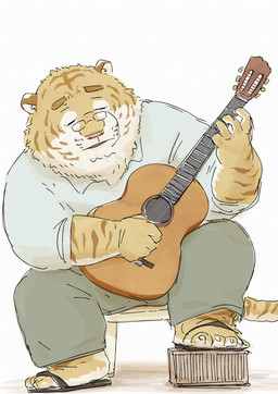 acoustic_guitar anthro bottomwear clothing eyes_closed eyewear footwear glasses guitar kemono male musical_instrument pants plucked_string_instrument sandals shirt shoes sitting solo string_instrument topwear pommn_mn felid mammal pantherine tiger 2025 hi_res