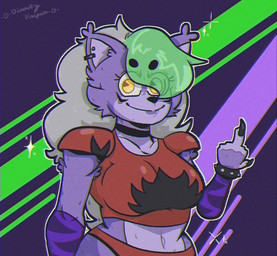 anthro breasts choker clothed clothing eyebrows female gesture hair hand_gesture highlights_(coloring) jewelry long_hair long_neck machine middle_finger necklace piercing simple_background smile smiling_at_viewer solo thick_eyebrows yellow_eyes divinitydivision five_nights_at_freddy's five_nights_at_freddy's:_security_breach scott_cawthon scottgames steel_wool_studios roxanne_wolf animatronic canid canine canis mammal robot wolf hi_res
