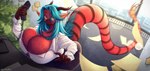 anthro big_breasts blue_hair bottomwear breasts claws clothed clothing curvy_figure electronics female fur furniture hair holding_object horn huge_breasts looking_at_viewer office phone red_body red_fur skirt solo tail thick_thighs topwear wide_hips worker working yellow_eyes misentes mythology kaida_(bornvictim) bovid bovine dragon hybrid mammal mythological_creature mythological_scalie scalie digital_media_(artwork) hi_res