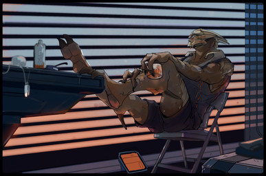 2_toes beverage black_border border bottomwear chair claws clothing feet foot_on_table furniture looking_aside male shorts solo table toes palavenmoons bioware electronic_arts mass_effect alien turian hi_res