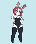 anthro blush boots breasts bunny_costume clothed clothing costume eyelashes female footwear fur hair holidays legwear long_ears multicolored_tail pink_hair red_hair scut_tail shoes short_tail solo tail text thick_thighs thigh_boots thigh_highs white_body white_fur shy_ayu easter angelique_(soff_doll) easter_bunny humanoid lagomorph leporid mammal rabbit hi_res