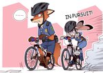 anthro barefoot bicycle bicycle_helmet bottomwear clothed clothing cycling duo ellipsis feet female fully_clothed fur gloves_(marking) green_eyes grey_body grey_fur leg_markings male markings mountain_bike open_mouth orange_body orange_fur outside police police_uniform purple_eyes shirt shorts socks_(marking) topwear uniform vehicle lleu-momiji disney zootopia judy_hopps nick_wilde canid canine european_rabbit fox lagomorph leporid mammal oryctolagus rabbit red_fox true_fox 2016