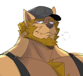 annoyed anthro athlete backlighting barazoku beard big_muscles black_clothing black_hat black_headwear black_shirt black_tank_top black_topwear blonde_beard blonde_chest_hair blonde_eyebrows blonde_facial_hair blonde_hair blonde_sideburns body_hair breath brown_body brown_facial_hair brown_fur brown_mustache chest_hair chest_tuft clothing coach eyebrows facial_hair frown frowney_face frowning_at_viewer fur furrowed_eyebrows hair hat headgear headwear jock light looking_at_viewer male manly mature_anthro mature_male muscular muscular_anthro muscular_arms muscular_male mustache pecs shirt sideburns simple_background solo tank_top thick_arms topwear tough_guy tuft white_background yellow_body yellow_fur castrodour canid canine canis mammal wolf lighting