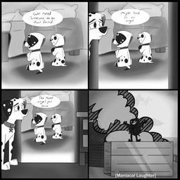 bed black_ears black_nose black_paws black_spots collar damaged_clothing dialogue duo evil_laugh explosion eyes_closed female feral fur furniture hair heterochromatic_ears long_hair male parody praying smoke_explosion spots text white_body white_eyes white_fur white_spots fusionkitty023 101_dalmatian_street 101_dalmatians disney lilo_and_stitch dee_dee_(101_dalmatians) dizzy_(101_dalmatians) dylan_(101_dalmatians) hunter_de_vil canid canine canis dalmatian domestic_dog human mammal 1:1 absurd_res black_and_white comic english_text hi_res monochrome