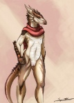anthro brown_body dragon female genitals horn looking_at_viewer mythological_creature mythological_scalie mythology pussy restricted_palette scalie scarf simple_background solo syrinoth tail