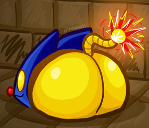 ambiguous_gender big_butt bombchu_(explosive) butt explosives fuse huge_butt imminent_explosion lit_fuse solo sparks text pincoosh nintendo the_legend_of_zelda inanimate_object mammal rodent artist_name digital_media_(artwork)