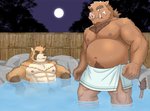 balls barazoku barely_visible_balls barely_visible_genitalia barely_visible_penis bathing belly brown_body brown_fur detailed_background duo eyes_closed flaccid fur genitals hot_spring kemono male moobs muscular muscular_male navel night nipples onsen outside overweight overweight_male penis sitting towel water wet jacklantern_11 ororwide11 canid canine mammal raccoon_dog suid suine sus_(pig) tanuki wild_boar 2021