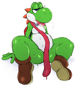 anthro biped bodily_fluids female half-closed_eyes long_tongue narrowed_eyes simple_background sitting slightly_chubby solo sweat tongue tongue_out white_background sssonic2 mario_bros nintendo dinosaur green_yoshi prehistoric_species reptile scalie yoshi 2015 digital_media_(artwork) hi_res