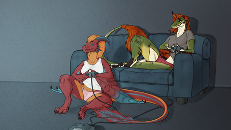 anthro blue_eyes bottomwear breasts claws clothed clothing controller duo electronics feathers feet female furniture game_console game_controller gaming green_body hair horn membrane_(anatomy) membranous_wings n64_controller nintendo_controller non-mammal_breasts on_sofa open_mouth panties pantsless pattern_clothing pattern_underwear playing_video_game red_body scales shirt sitting sitting_on_ground sitting_on_sofa small_breasts smile sofa striped_clothing striped_underwear stripes tail toes topwear underwear wings yellow_eyes malcombtheteadragon european_mythology mythology nintendo nintendo_64 eztli_(user_55) melody_(user_55) dinosaur dragon dromaeosaurid mythological_creature mythological_scalie prehistoric_species reptile saurischian scalie theropod velociraptor western_dragon wyvern 16:9 4k absurd_res hi_res widescreen