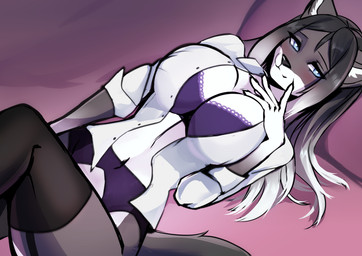 anthro big_breasts black_body black_fur black_hair blue_eyes blush bra breasts clothed clothing female footwear fur furniture hair huge_breasts looking_at_viewer lying lying_on_sofa office_clothing on_sofa purple_bra purple_clothing purple_underwear shirt sofa solo topwear underwear white_clothing white_shirt white_topwear wide_hips zetsuboucchi amanda_(smile4amanda) domestic_cat felid feline felis mammal tuxedo_cat absurd_res hi_res
