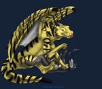 ball belly black_stripes blue_eyes canid canine canis digitigrade dragon duo fur hi_res mammal multicolored_body mythological_creature mythological_scalie mythology scalie stripes tail tlan_atolm wolf wolfywetfurr_(artist) yellow_belly yellow_body yellow_skin