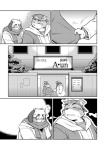 anthro bear blush canid canine canis clothing comic domestic_dog greyscale hat headgear headwear hi_res hoodie jacket male mammal monochrome obese overweight scarf sign takagi_kyou topwear window