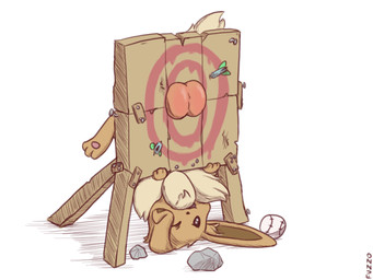ball ballbusting balls baseball_(ball) bdsm brown_body brown_fur chest_tuft cock_and_ball_torture dart feral fur genital_torture genitals male markings masochism one_eye_closed rock simple_background solo stuck_balls stuck_genitals submissive submissive_male tan_markings target testicle_suspension three-quarter_view tuft upside_down white_background fuzzo nintendo pokemon eevee generation_1_pokemon pokemon_(species) 2024 4:3 hi_res