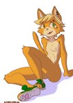 blonde_hair breasts featureless_crotch female fur green_eyes hair looking_at_viewer nude orange_body orange_fur piercing simple_background small_breasts smile solo tail ninelove_kp felid feline mammal absurd_res hi_res